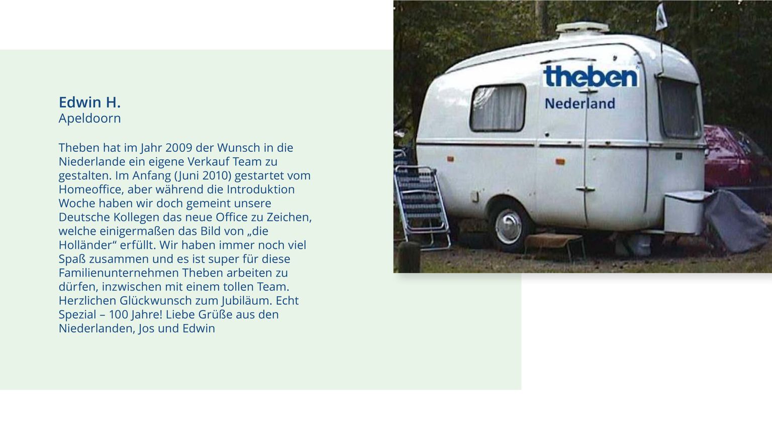 100 Jahre Theben Jubiläumskommunikation: Postakrtenaktion. Kundenzitat.