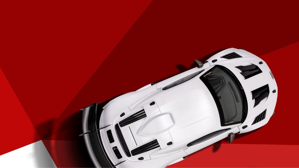 Marken auftritt für ABT XGT. Auto aus Vogelperspektive auf rotem Hintergrund.