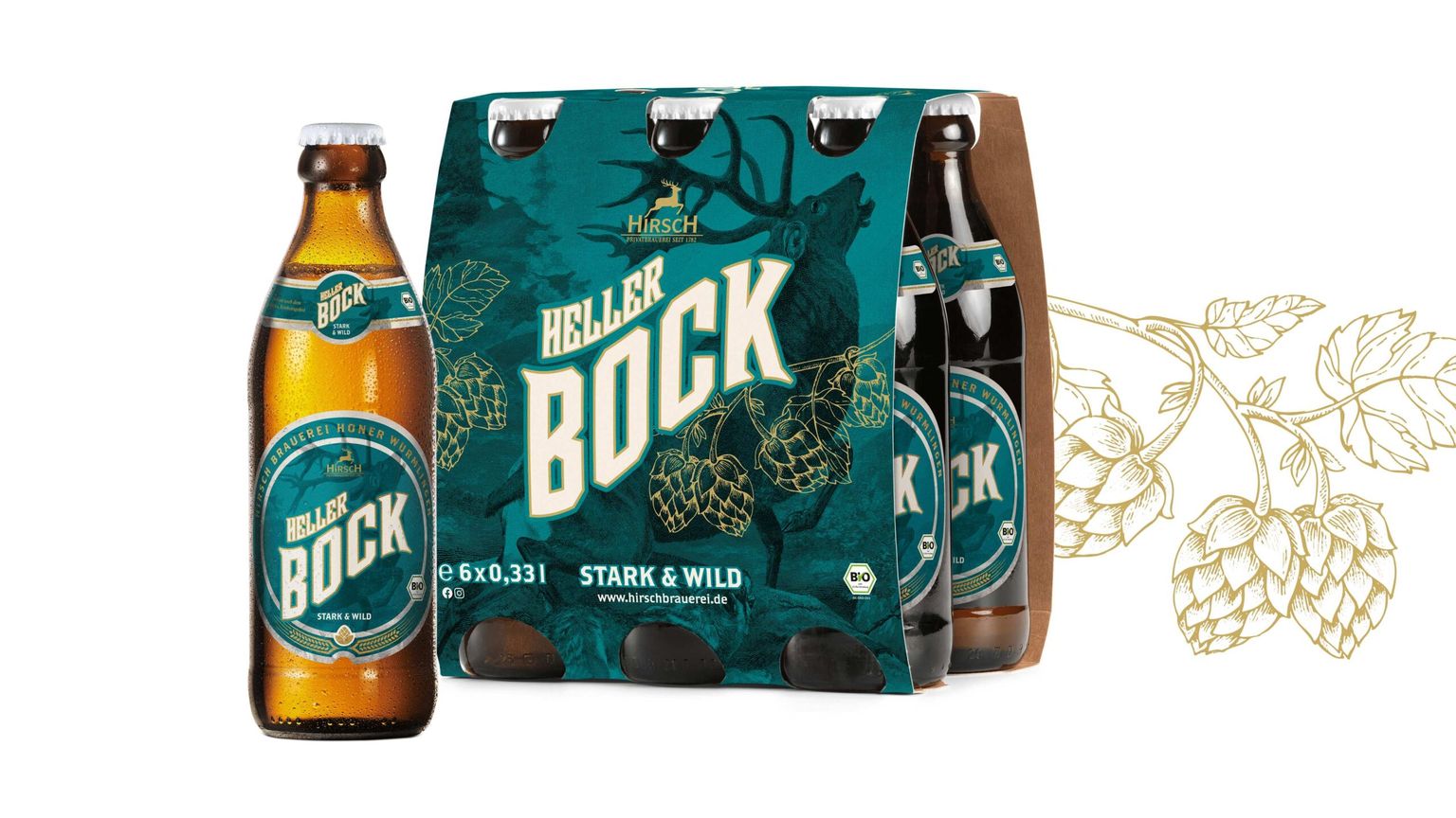 Hirsch Markenkommunikation. Verpackungsdesign Heller Bock.