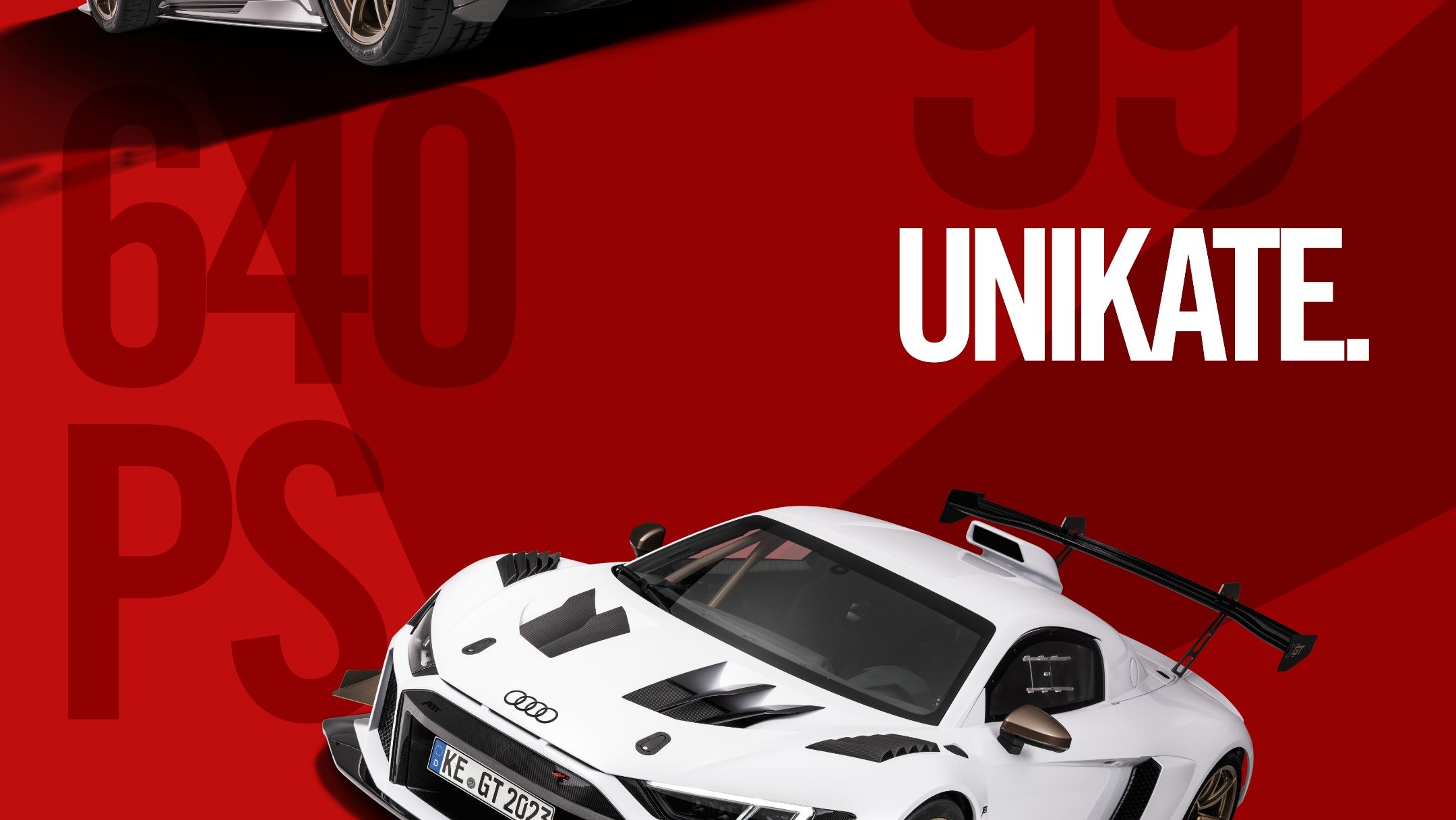 Markenauftritt für ABT XGT. Auto von schrägvorne auf rotem Hintergrund. 640 PS. Unikate.