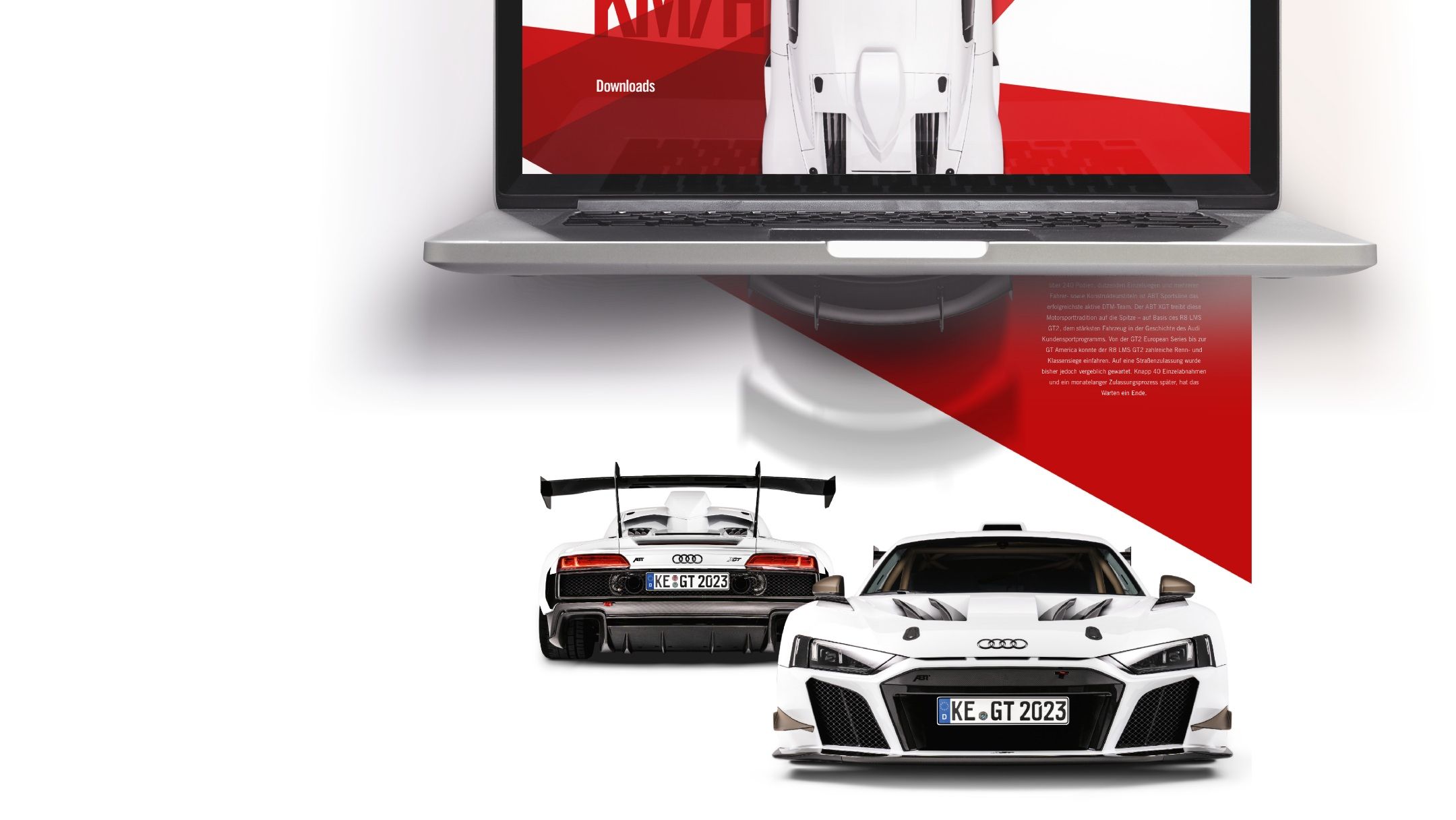 Markenauftritt für ABT XGT. Autodarstellung von vorne und hinten.